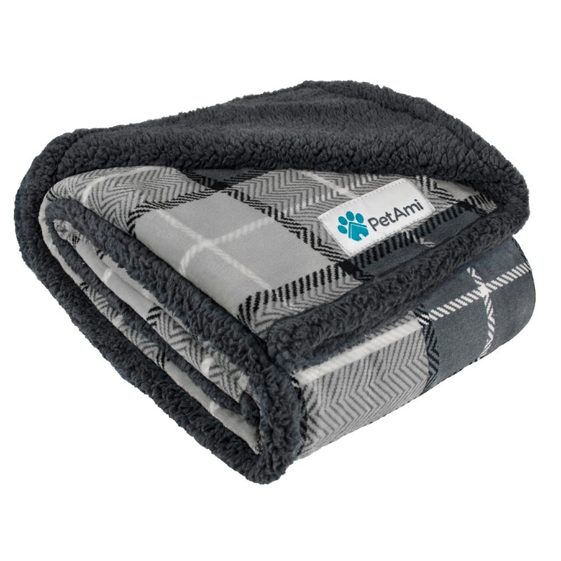 PetAmi Dog Blanket for Bed, XL Pet Blanket Large Dogs, Fleece Furniture Couch Cover Protector Sofa Car Crate Kennel, Soft Sherpa Cat Throw Plush Reversible Washable, Twin 60x80 Plaid Dark Gray - Image 1